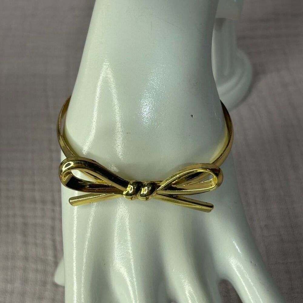 Gold Tone Metallic Ribbon Bow Bangle Cuff Bracelet